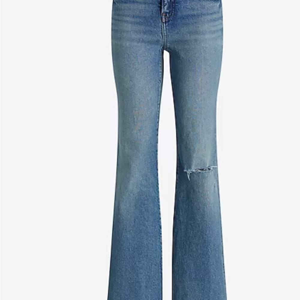 NWT EXPRESS Ladies Mid Rise Medium Wash Raw Drop Hem '70s Flare Jeans 12R - Picture 6 of 7